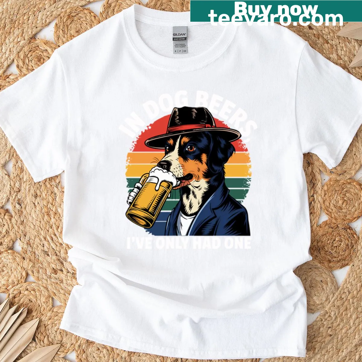 Boxy t-shirt with humorous 'In Dog Beers I've Only Had One' graphic — on a men's t-shirt