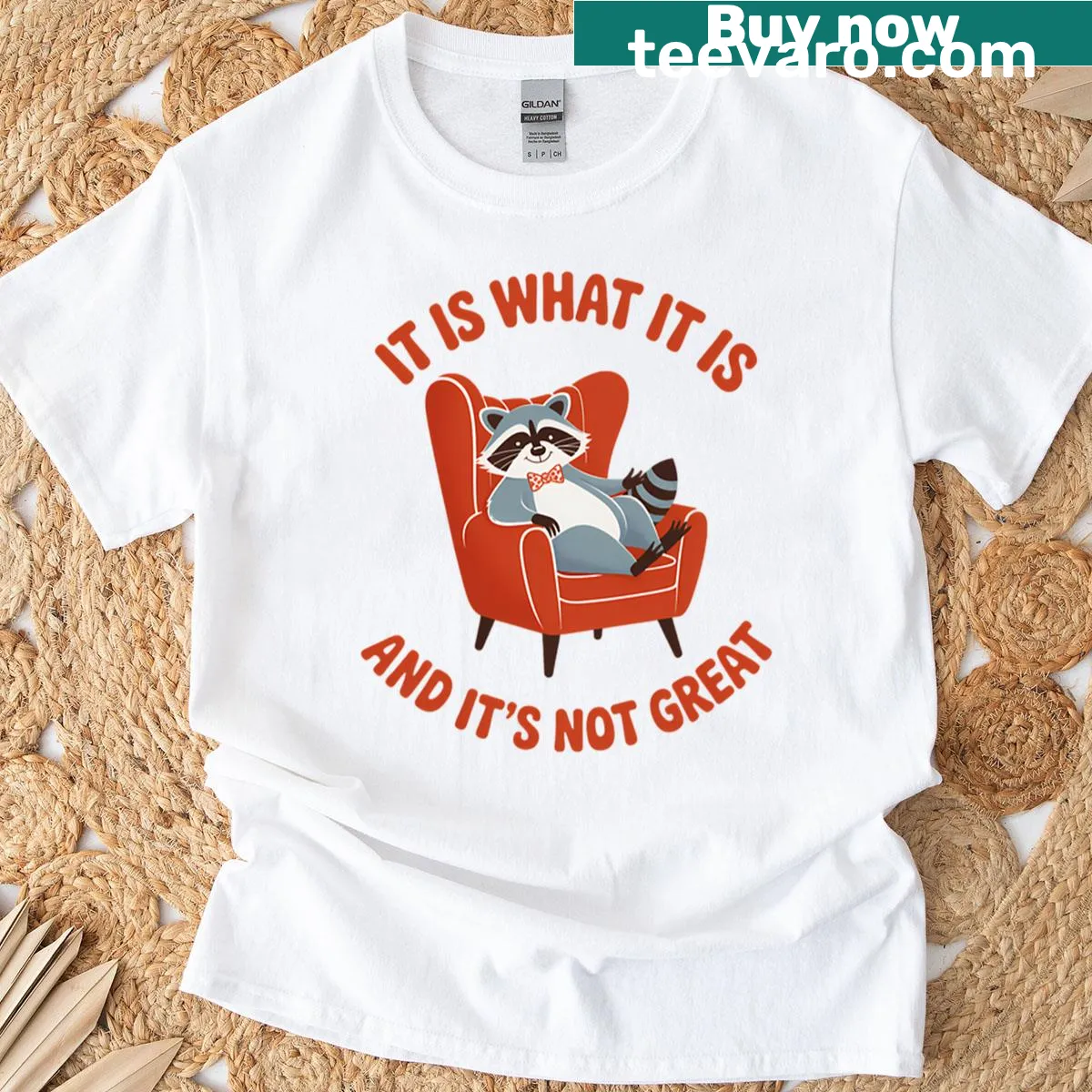 Funny raccoon t-shirt with the phrase 'It Is What It Is And Its Not Great' — on a men's t-shirt