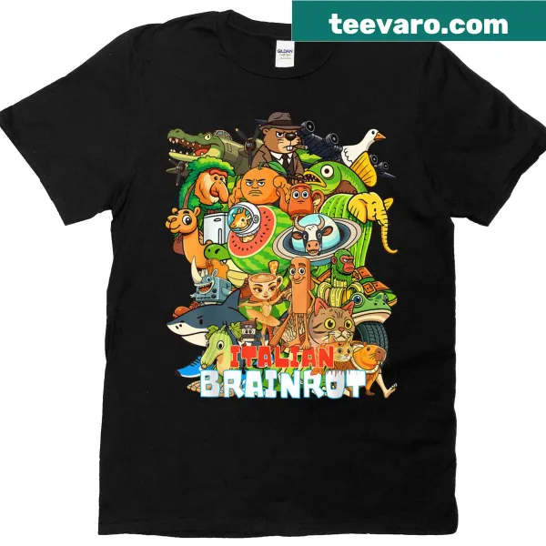Cartoon-style collage of Italian memes on a t-shirt