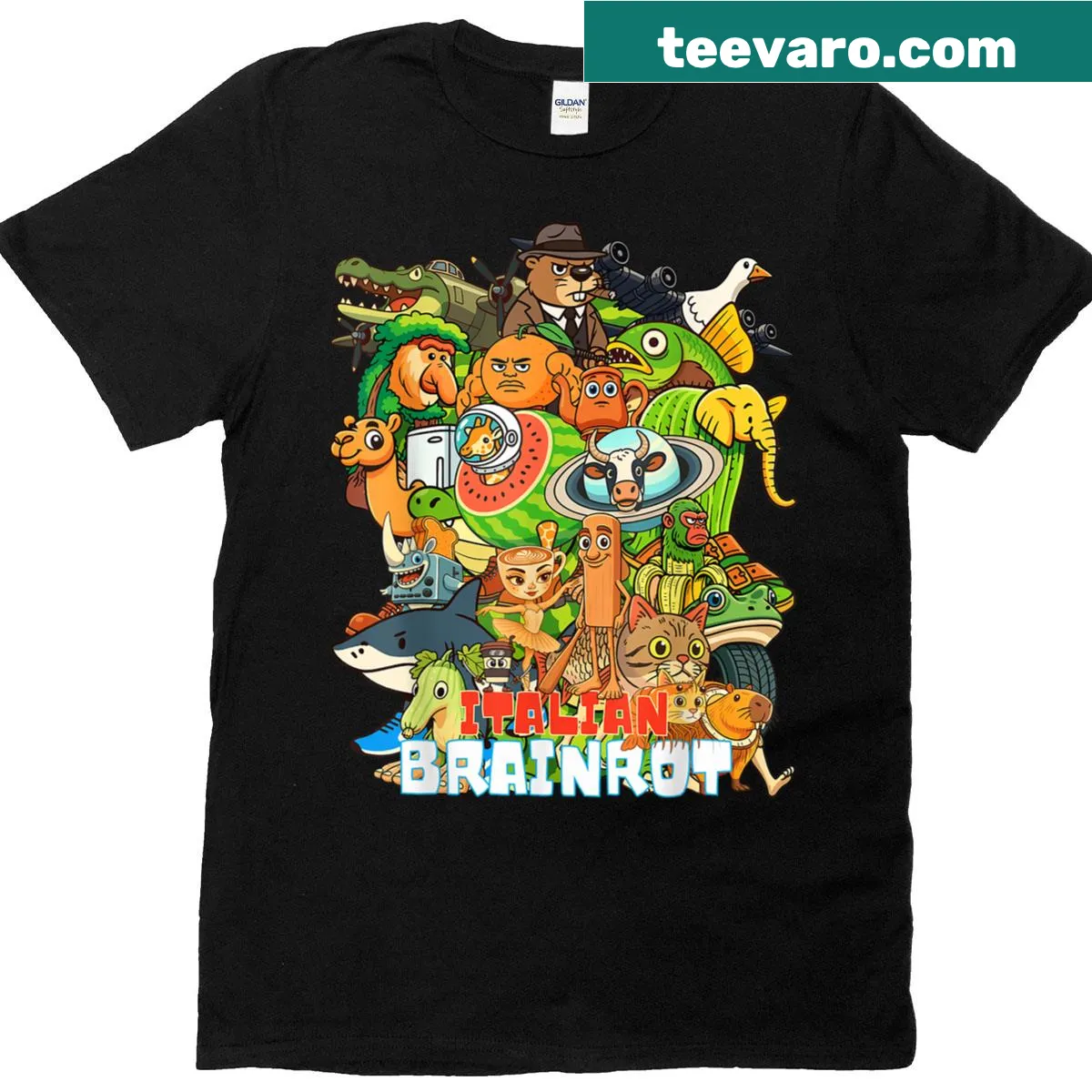 Cartoon-style collage of Italian memes on a t-shirt — on a men's t-shirt