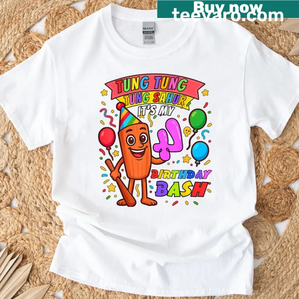 Playful t-shirt for kids celebrating a 4th birthday with 'Tung Tung Tung'
