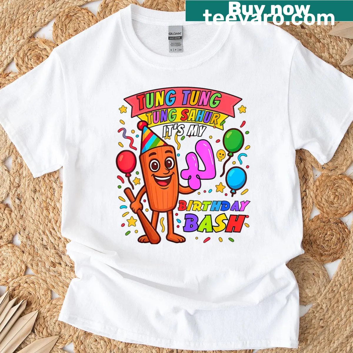 Playful t-shirt for kids celebrating a 4th birthday with 'Tung Tung Tung' — on a men's t-shirt