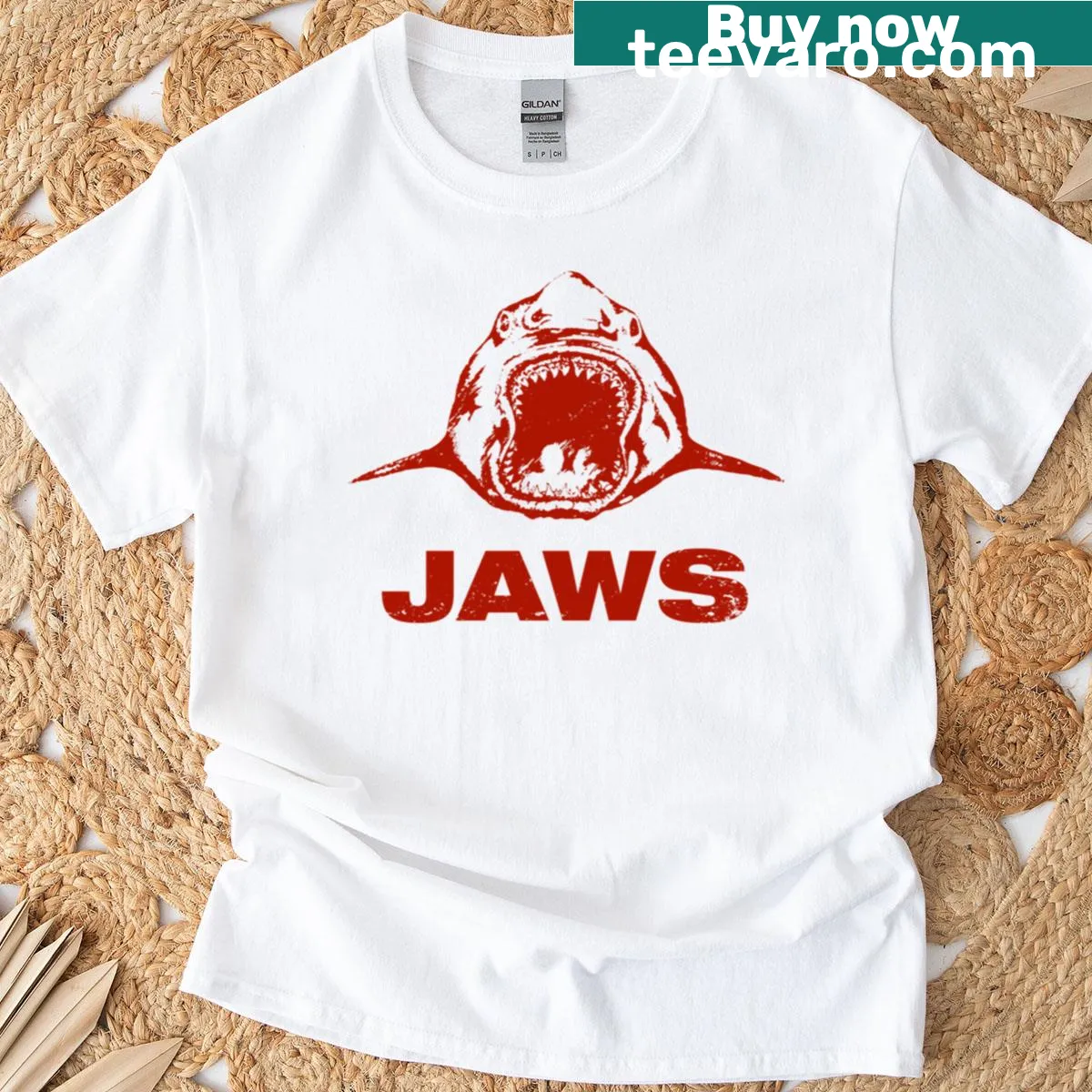 Vintage reproduction Jaws film crew t-shirt in red with classic graphic — on a men's t-shirt