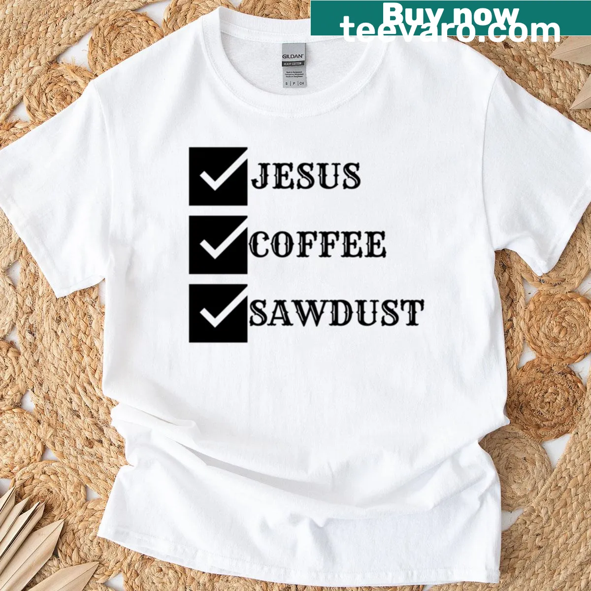 Whimsical T-shirt featuring Jesus with coffee and sawdust graphic — on a men's t-shirt
