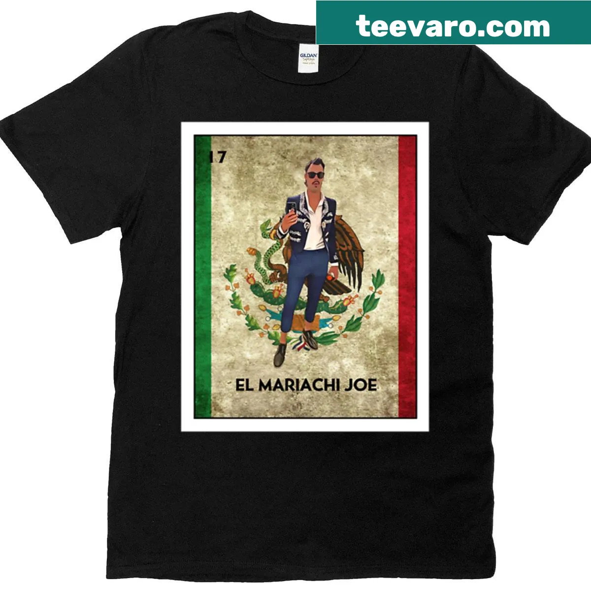 Funny El Mariachi Joe graphic from Loteria on t-shirt — on a men's t-shirt