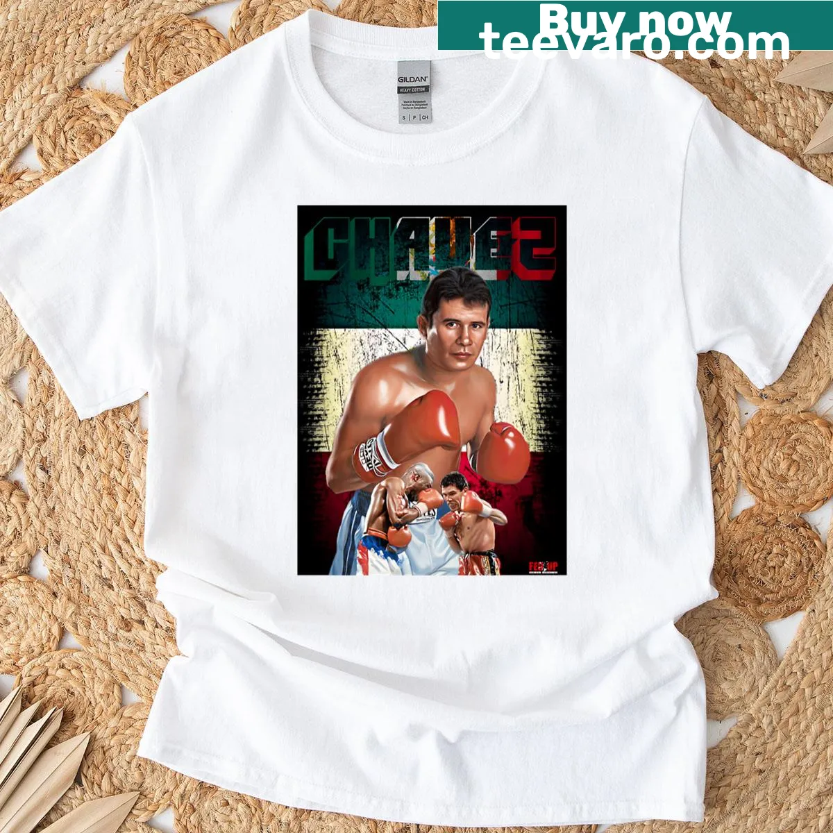 Julio Cesar Chavez sticker graphic T-shirt honoring Mexican boxing legend. — on a men's t-shirt