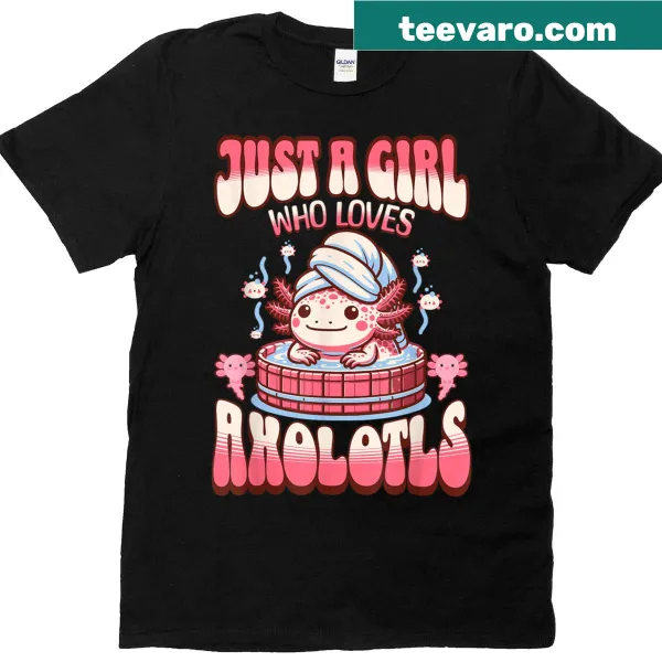 Kawaii axolotl graphic on a girls' T-shirt celebrating love for axolotls