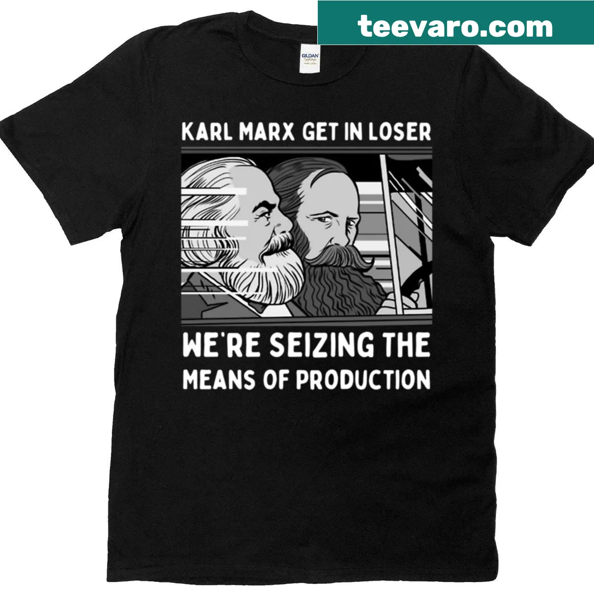 Edgy baseball sleeve tee with Marxist phrase — on a men's t-shirt