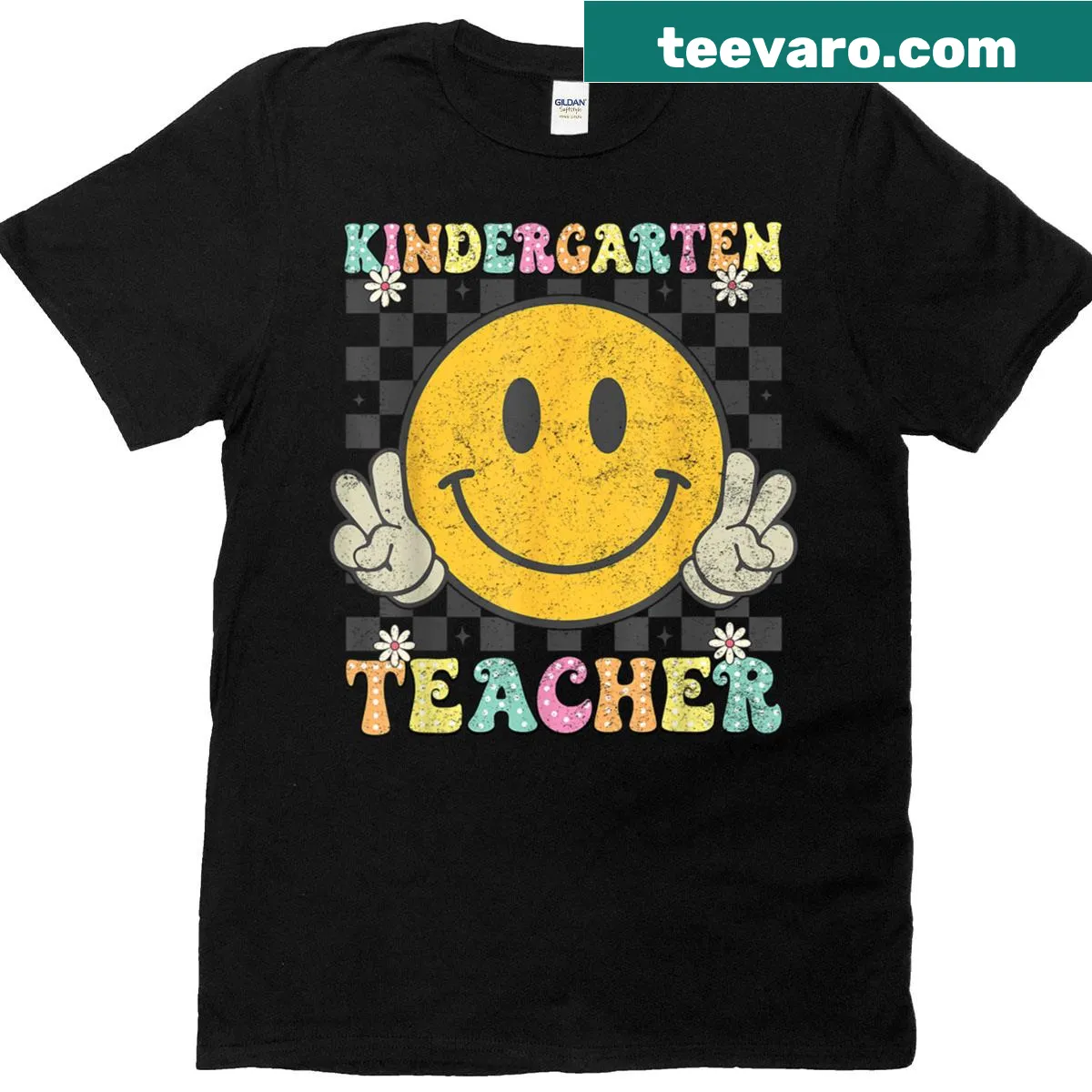 Hippie-style t-shirt featuring a smiley face graphic for teachers — on a men's t-shirt