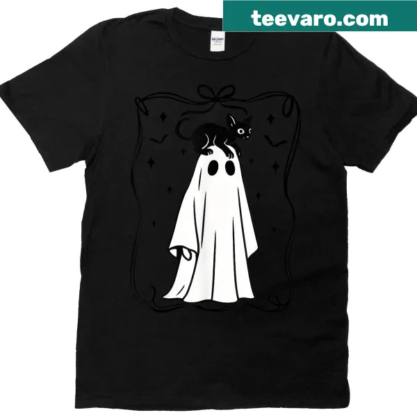 Lace ghost holding a black cat Halloween t-shirt