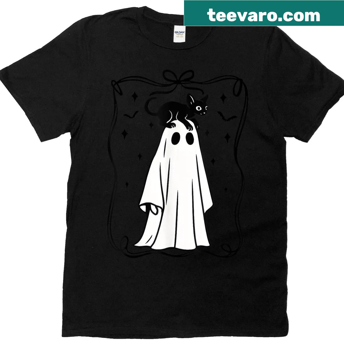 Lace ghost holding a black cat Halloween t-shirt — on a men's t-shirt