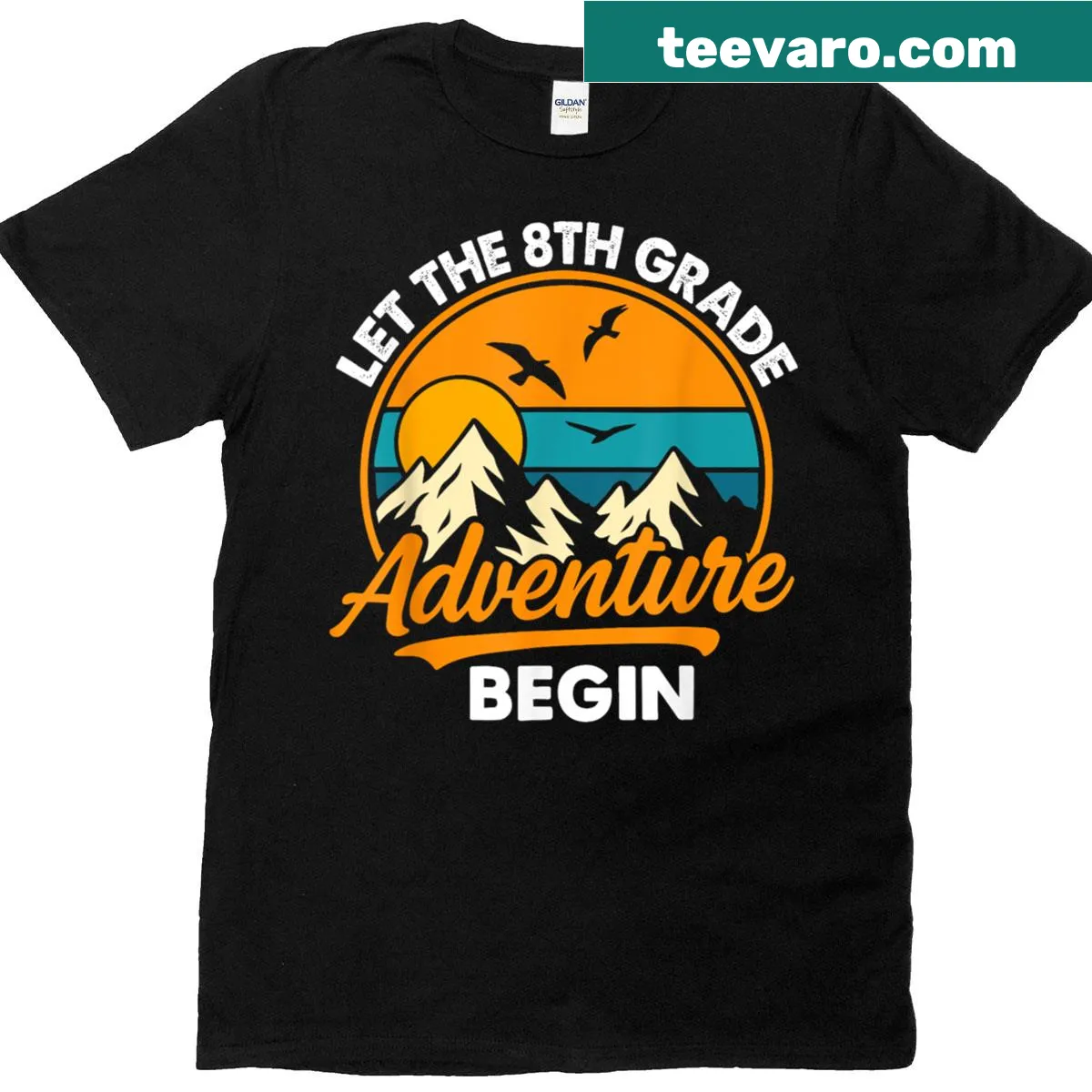 Funny back to school shirt with the phrase 'Let The 8th Grade Adventure Begin' in playful typography — on a men's t-shirt