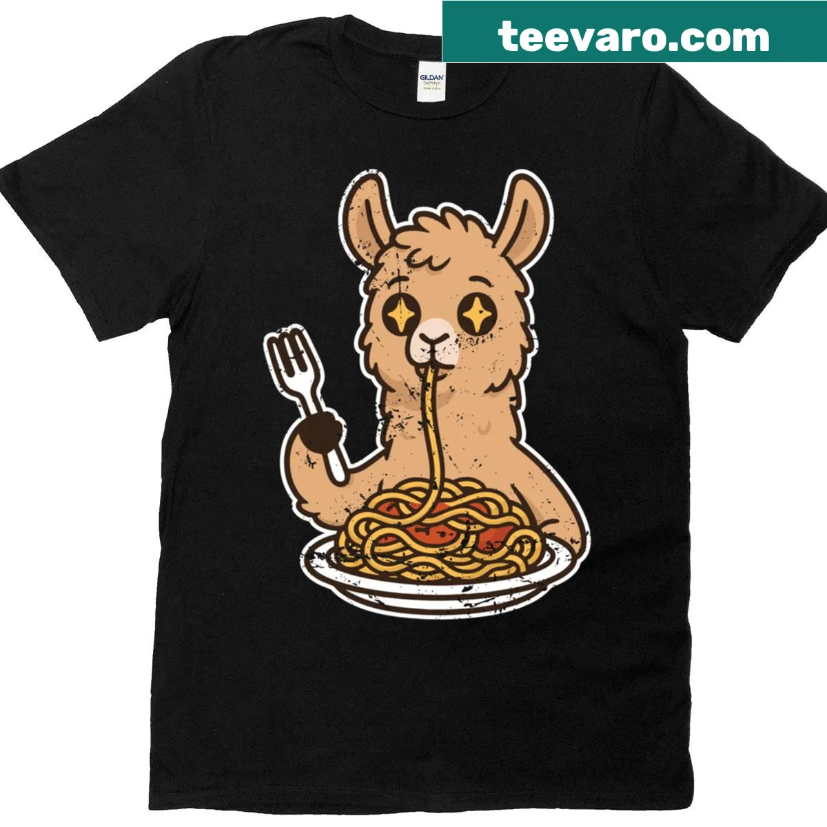 Cartoon graphic t-shirt featuring llamas and pasta — on a men's t-shirt