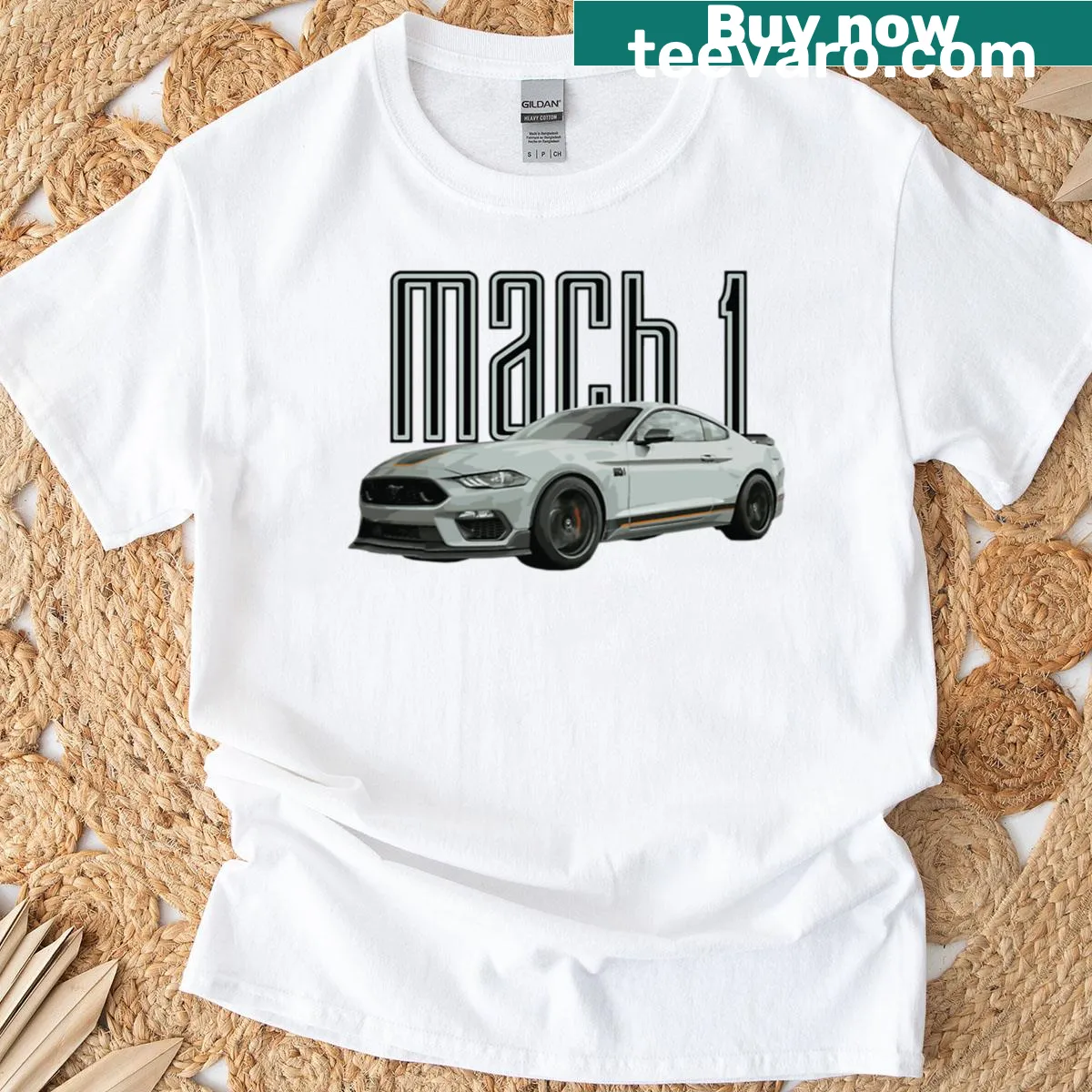 Mach 1 Mustang graphic with fighter jet theme on t-shirt — on a men's t-shirt