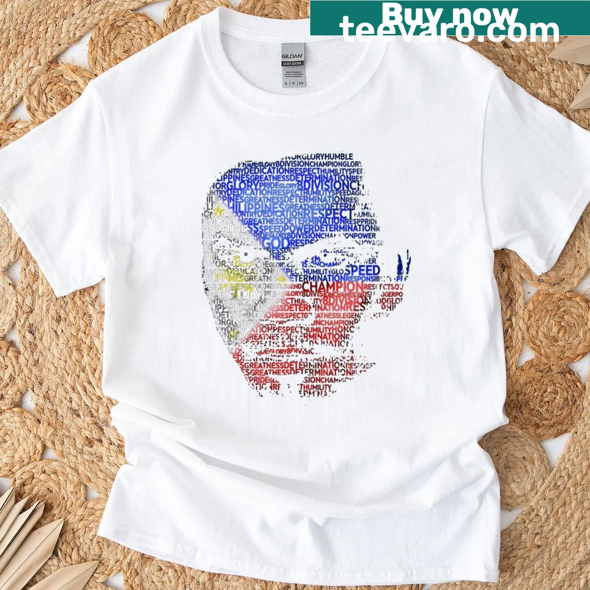 Typography portrait of Manny Pacquiao on T-shirt — on a men's t-shirt
