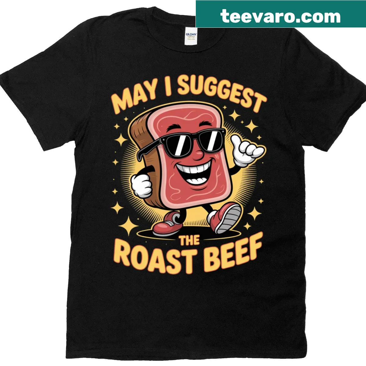 Humorous T-shirt featuring the phrase 'May I Suggest The Roast Beef' — on a men's t-shirt