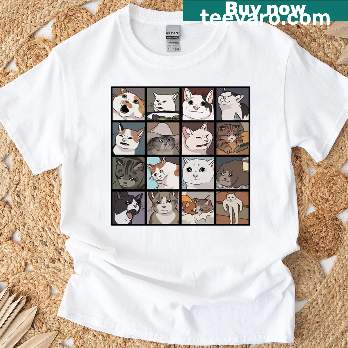 T-shirt featuring humorous cartoon cat memes — on a men's t-shirt