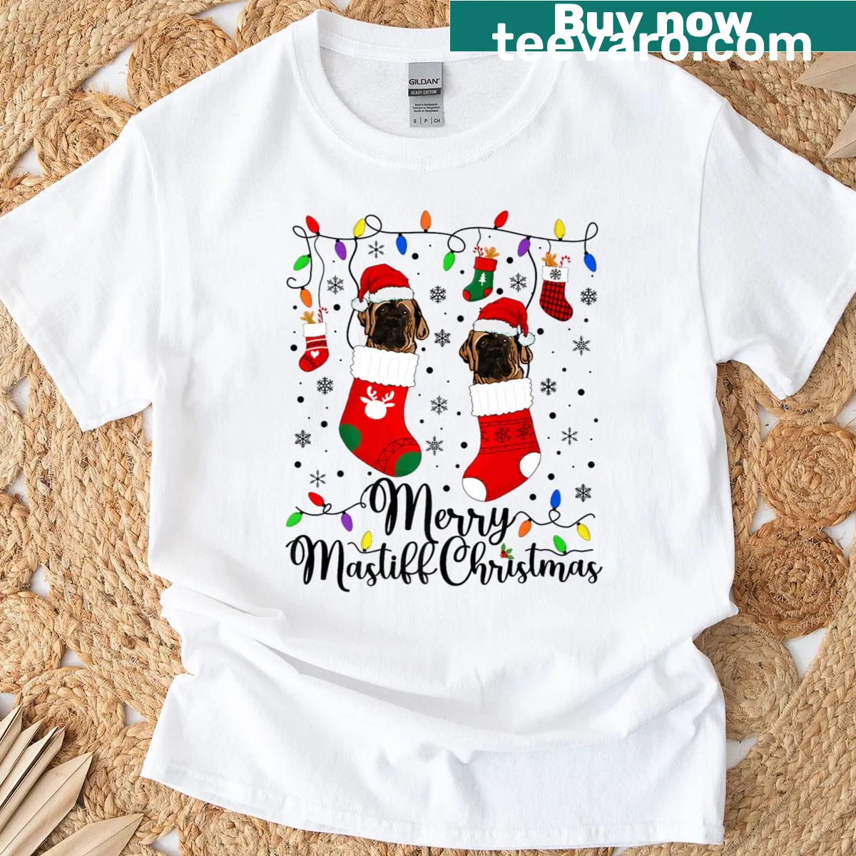 Christmas T-shirt with an illustration of an English Mastiff — on a men's t-shirt