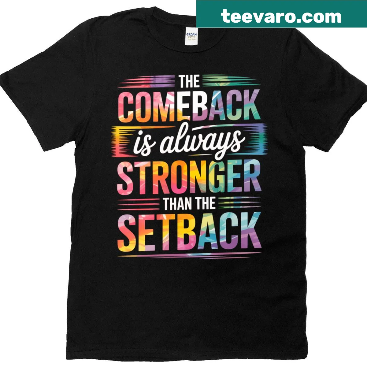 Motivational t-shirt with the phrase 'The Comeback Is Always Stronger Than The Set Back' — on a men's t-shirt