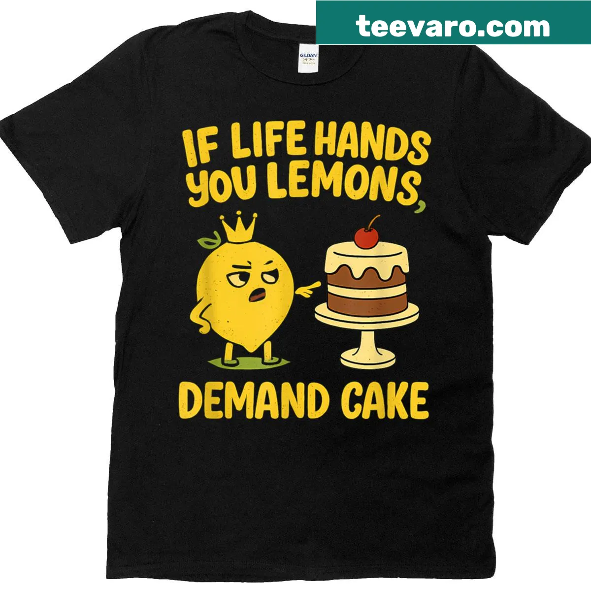 Graphic t-shirt with quote 'Lemons Demand Cake' — on a men's t-shirt