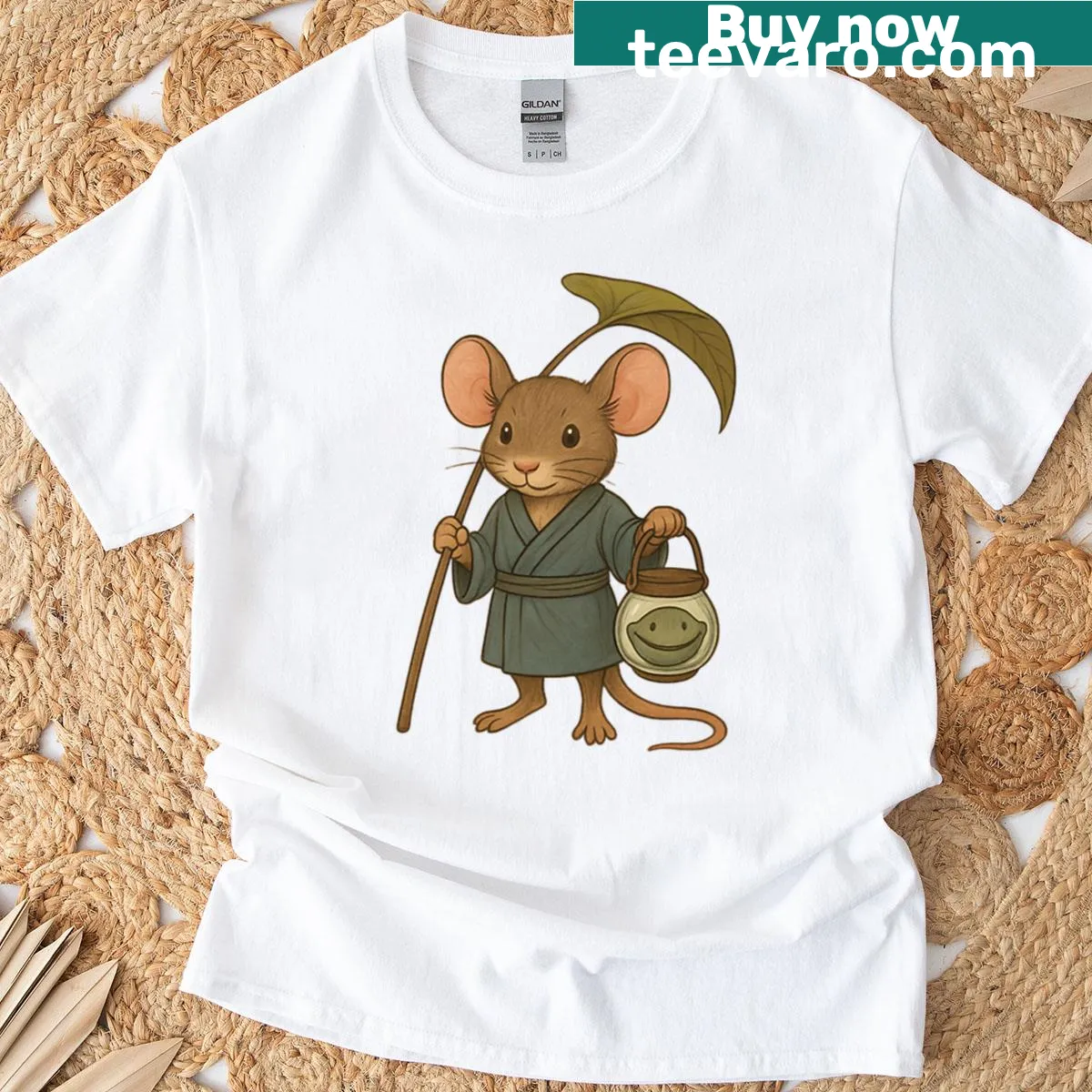 Cute cartoon mouse with leaf umbrella on a T-shirt for kids — on a men's t-shirt