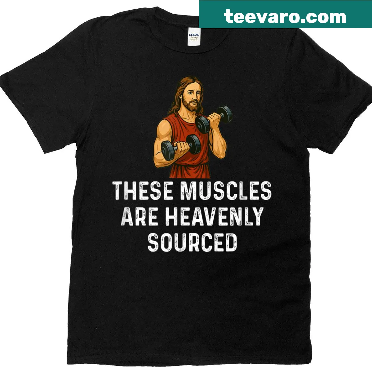 Funny weight lifting t-shirt with humorous text about muscles — on a men's t-shirt