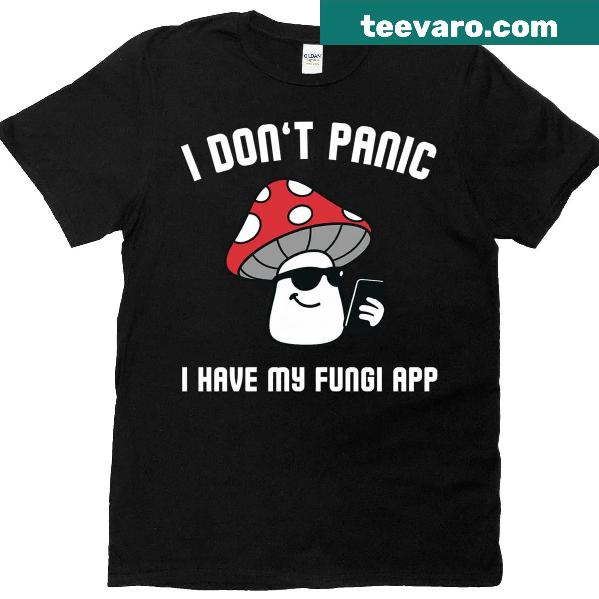 Illustrated t-shirt for mushroom picking enthusiasts with playful text — on a men's t-shirt