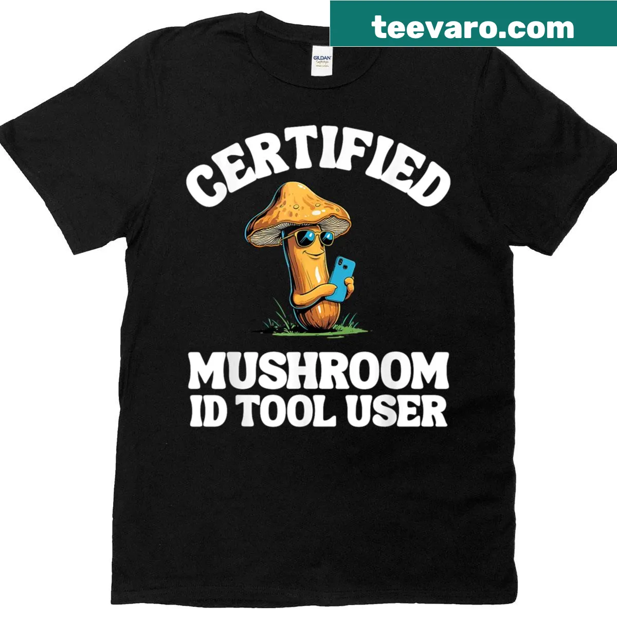 Illustrated t-shirt celebrating mushroom picking and foraging — on a men's t-shirt