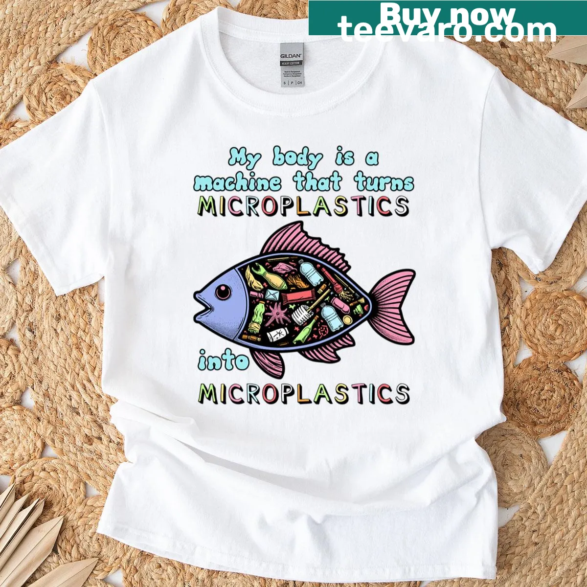 Oversized T-shirt with a humorous environmental message — on a men's t-shirt