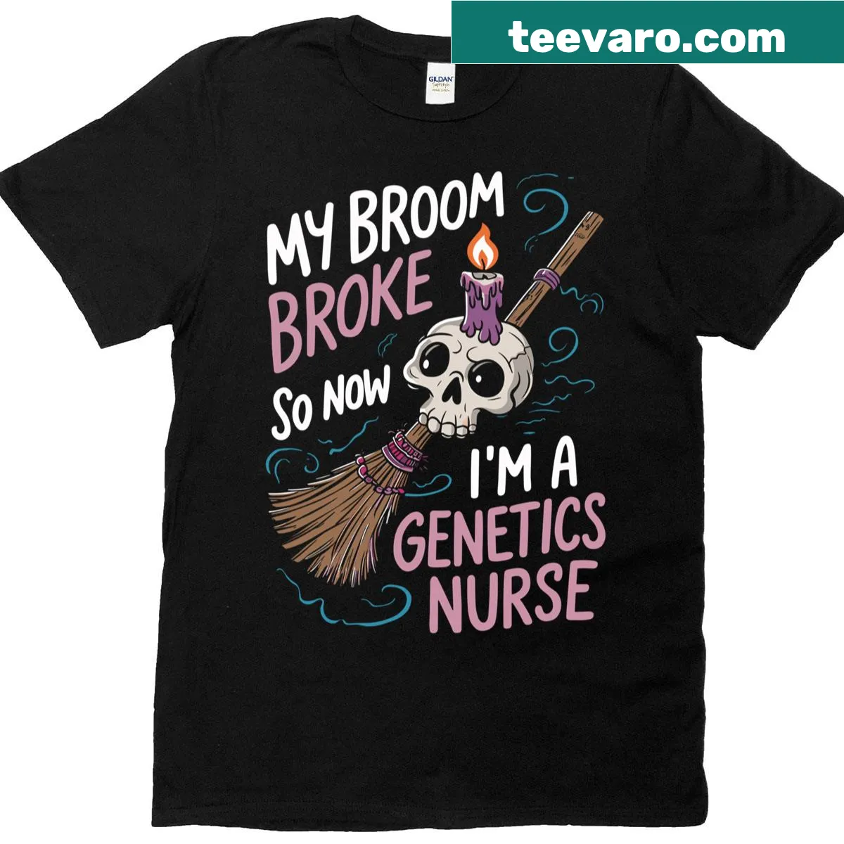 Funny genetics nurse t-shirt with humorous broom quote — on a men's t-shirt