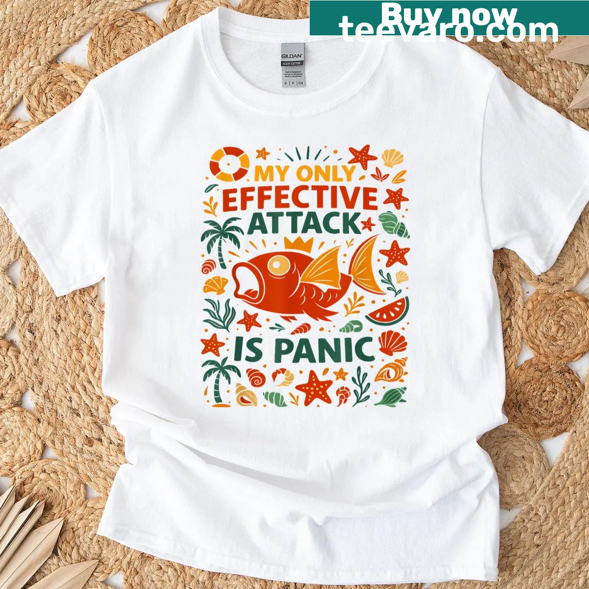 Funny fishing meme t-shirt featuring a panic-themed graphic — on a men's t-shirt