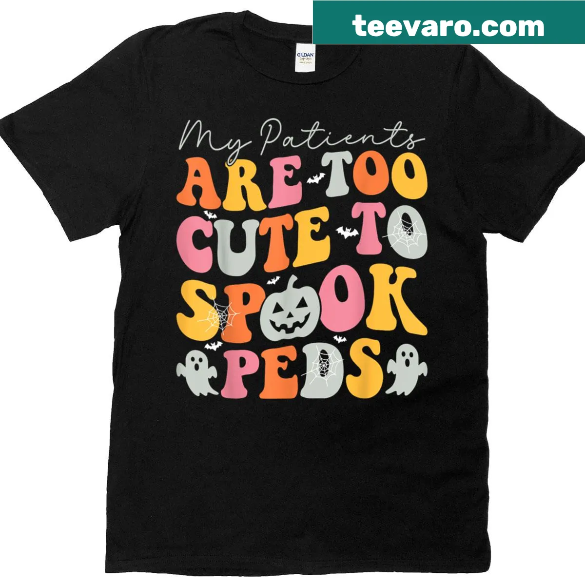 Halloween-themed T-shirt with cute characters and humorous text for nurses. — on a men's t-shirt
