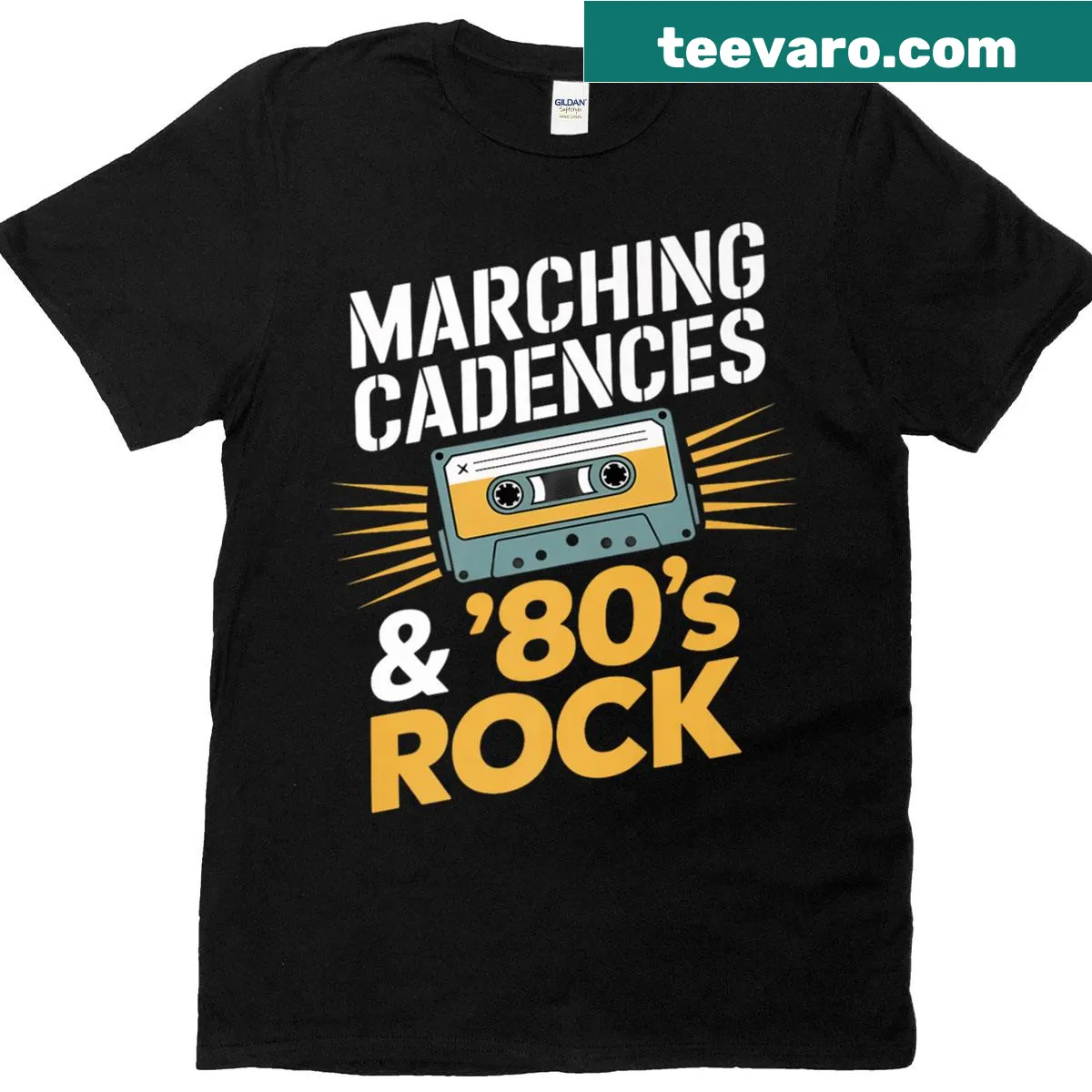 T-shirt celebrating 80s rock music with pride and humor — on a men's t-shirt