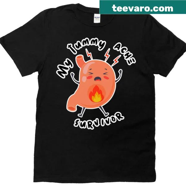 Cartoon t-shirt depicting a cheerful character dealing with a tummy ache