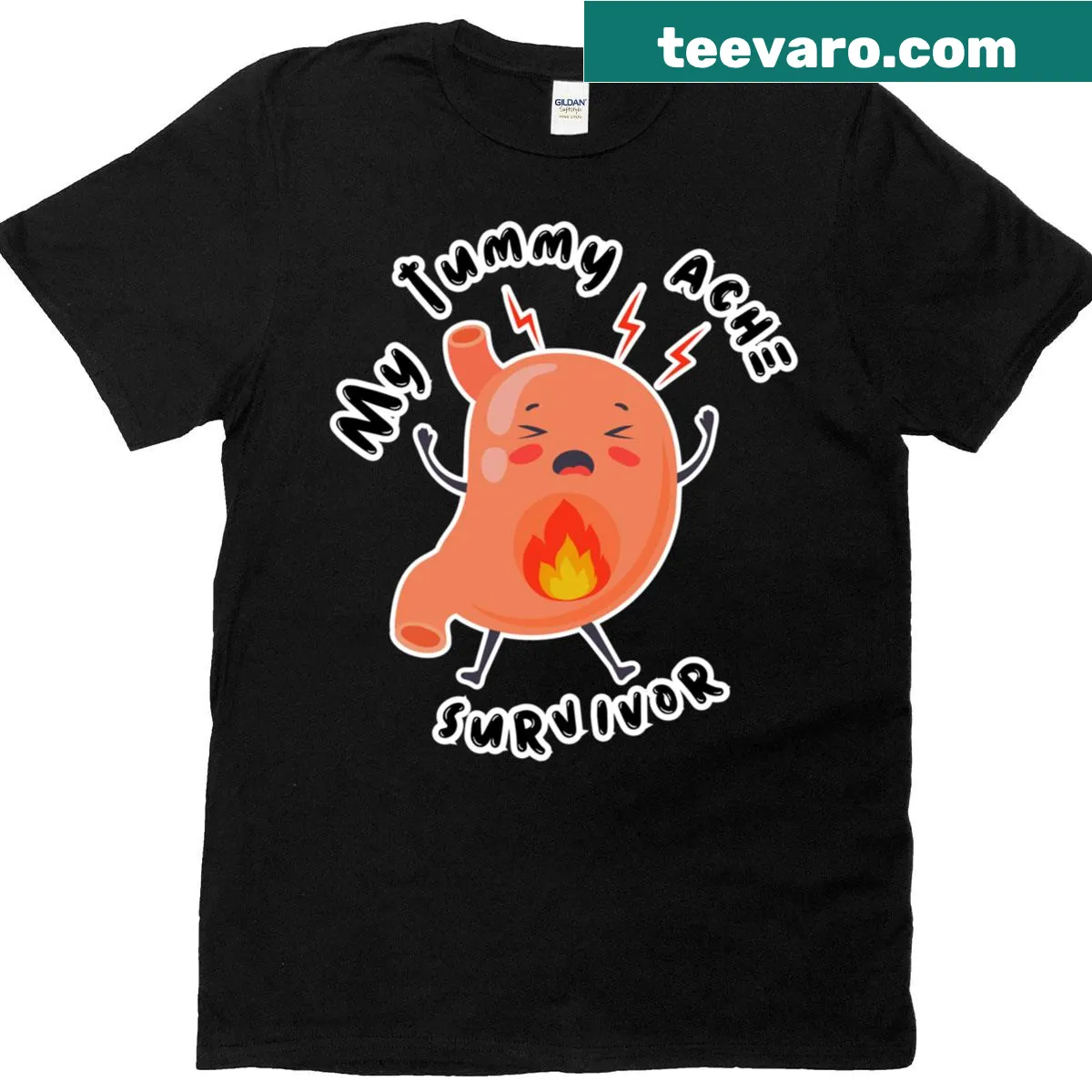 Cartoon t-shirt depicting a cheerful character dealing with a tummy ache — on a men's t-shirt