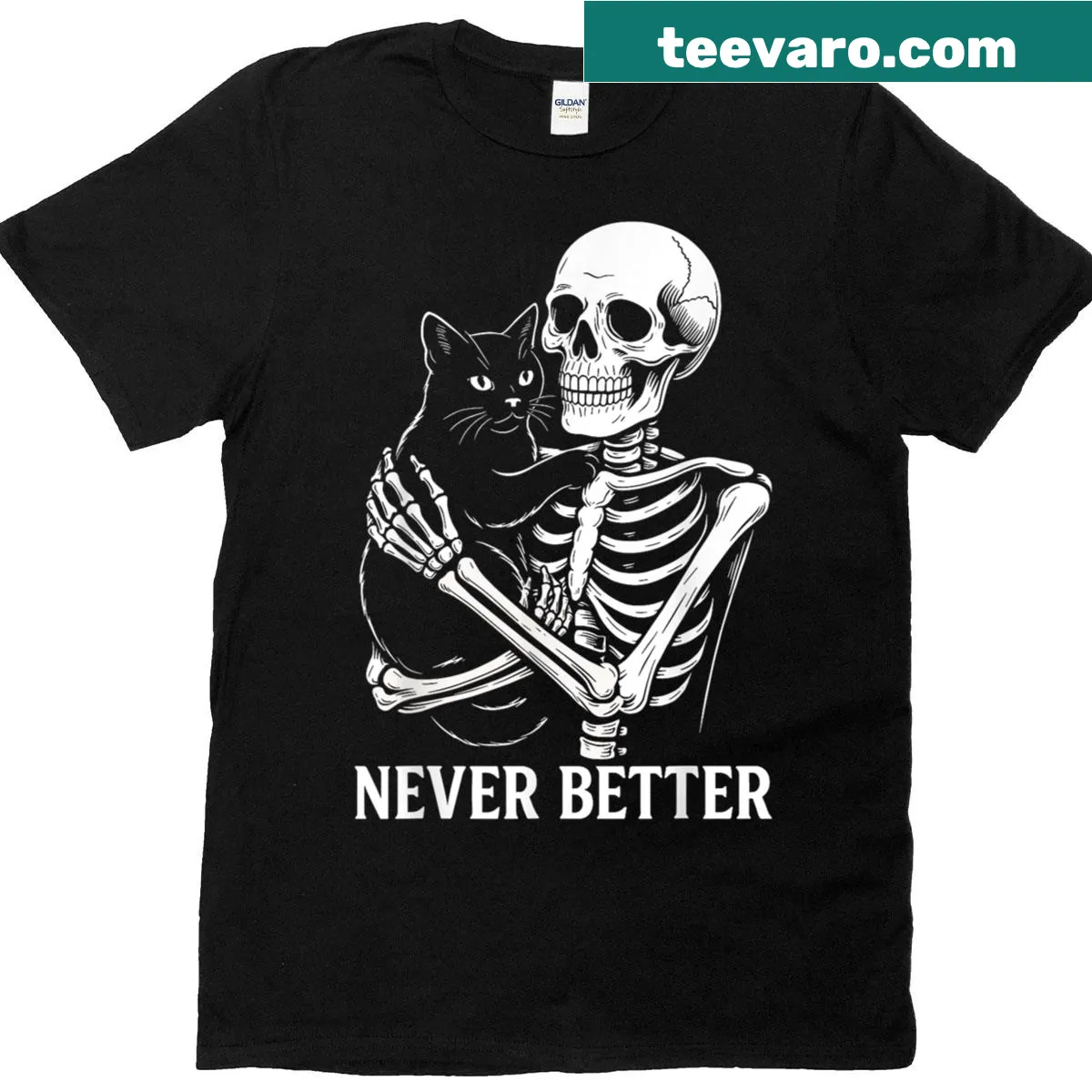 Halloween t-shirt featuring a skeleton hugging a black cat with fun graphics — on a men's t-shirt