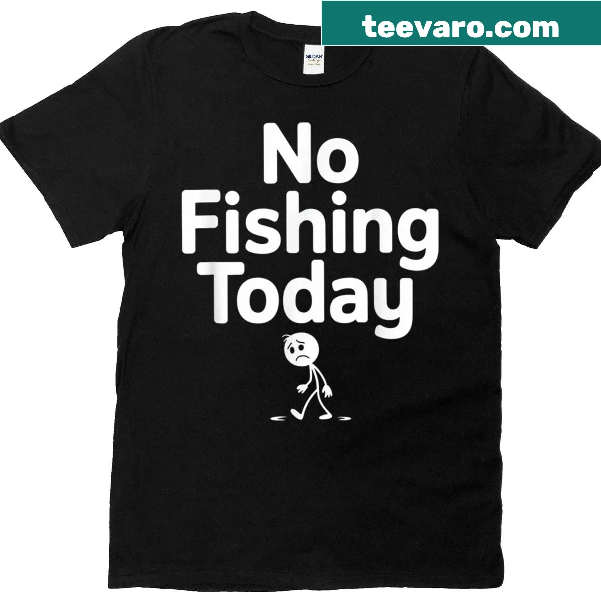 Sad stick man fishing graphic with humorous text on t-shirt — on a men's t-shirt