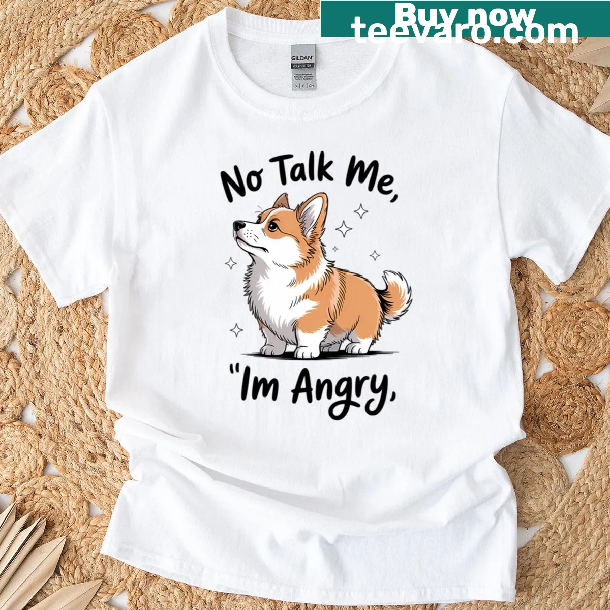 Funny Corgi dog t-shirt featuring an angry expression and playful text — on a men's t-shirt