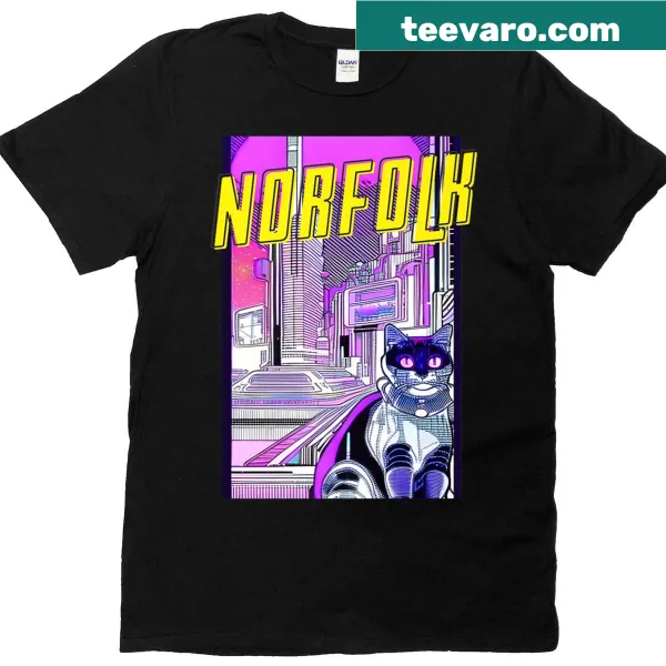 Retro anime-style t-shirt featuring a Norfolk cityscape and cat design