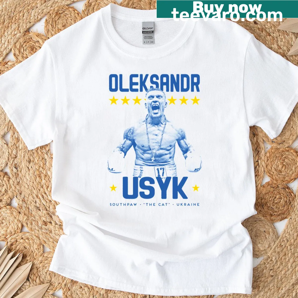 Vintage boxing poster T-shirt featuring Oleksandr Usyk and a cat — on a men's t-shirt