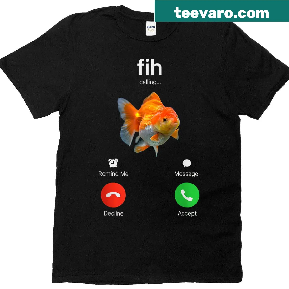 Cartoon goldfish T-shirt with a phone graphic saying 'Incoming Call' — on a men's t-shirt