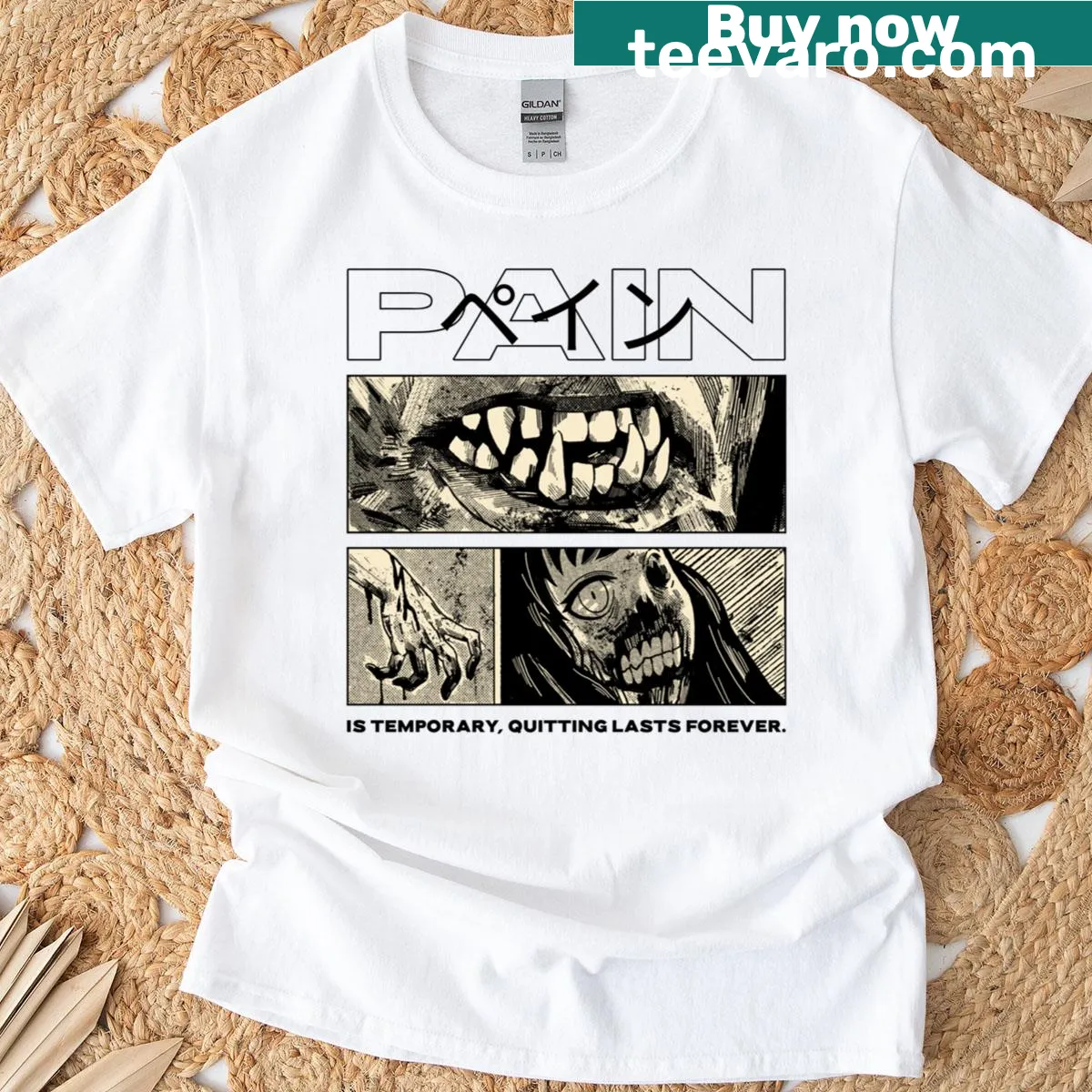 Motivational t-shirt with the quote 'Pain Is Temporary Quitting Lasts Forever' — on a men's t-shirt