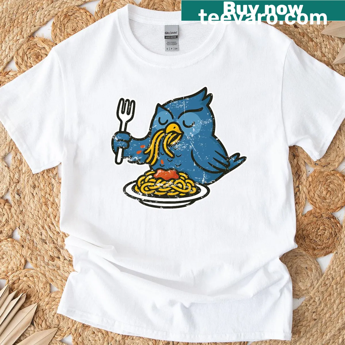 Cartoon T-shirt featuring a bluebird that loves pasta — on a men's t-shirt