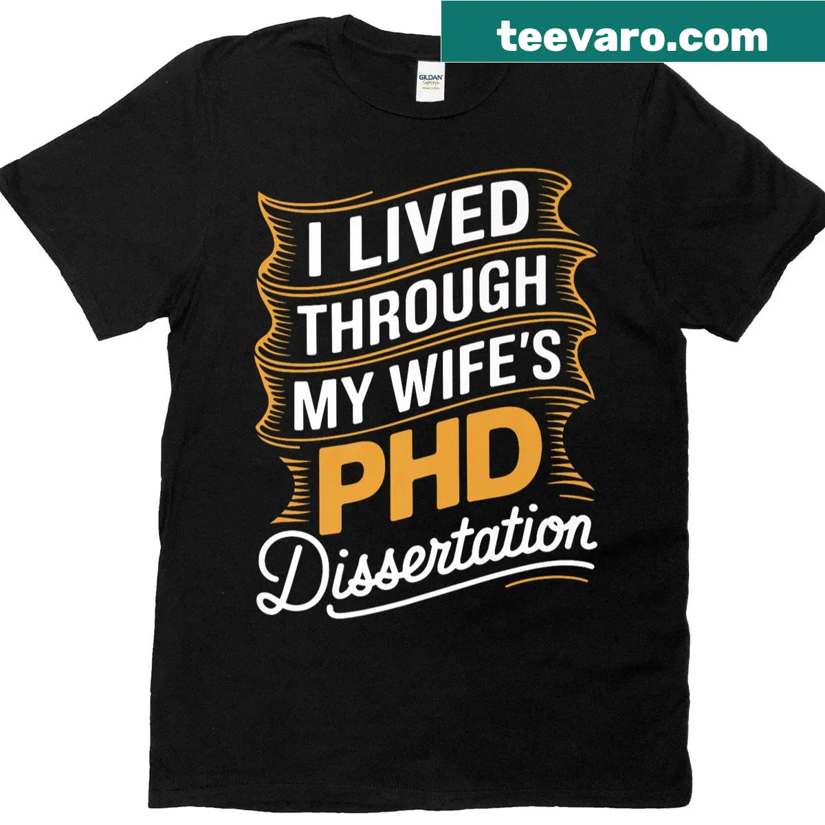 PhD graduation T-shirt supporting husband with bold text — on a men's t-shirt