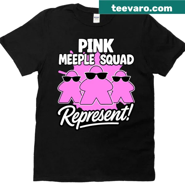 T-shirt featuring the phrase 'Pink Meeple Squad' with gaming illustrations.