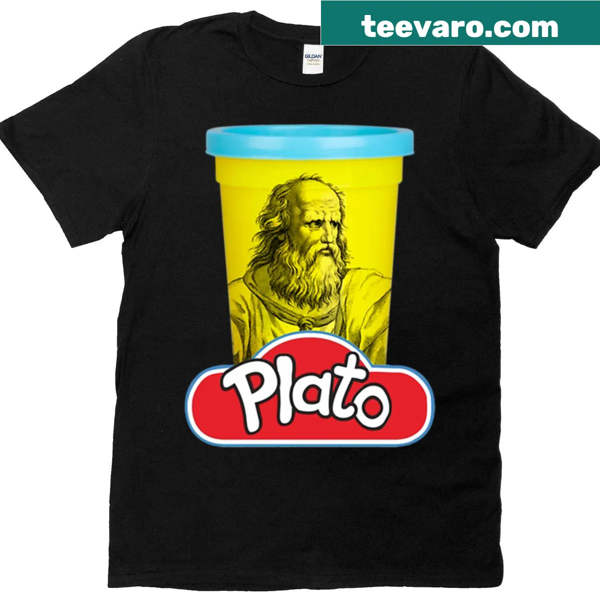 Pun t-shirt featuring a play on Plato and Play-Doh in hand-lettered text — on a men's t-shirt
