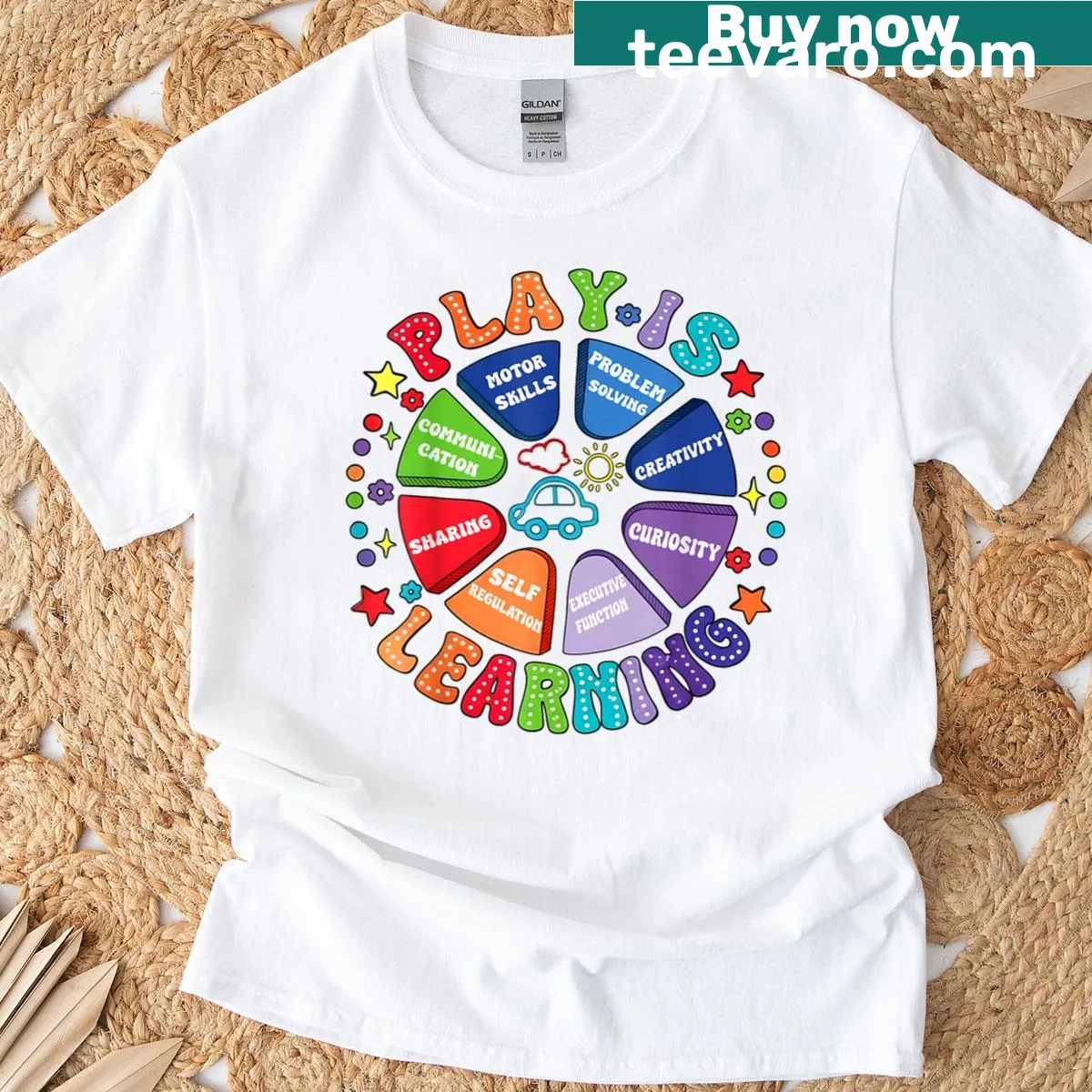 Play Is Learning Preschool Teacher Life T-shirt with whimsical design. — on a men's t-shirt
