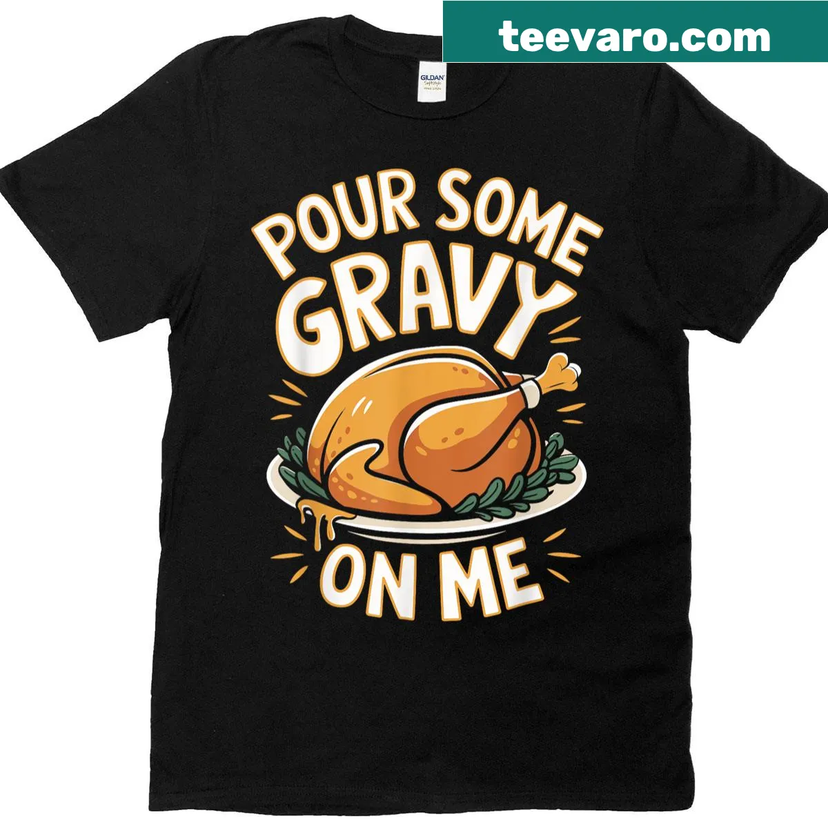 Funny Thanksgiving T-shirt with turkey and gravy design — on a men's t-shirt