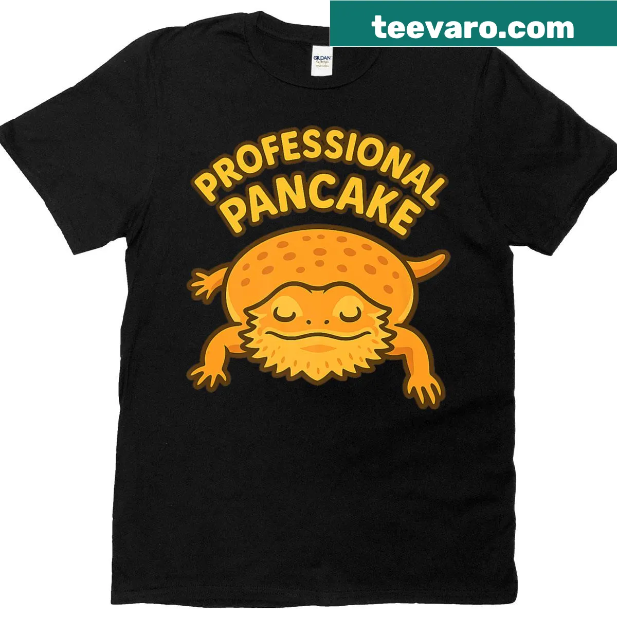 Cartoon graphic shirt of a bearded dragon and pancakes — on a men's t-shirt
