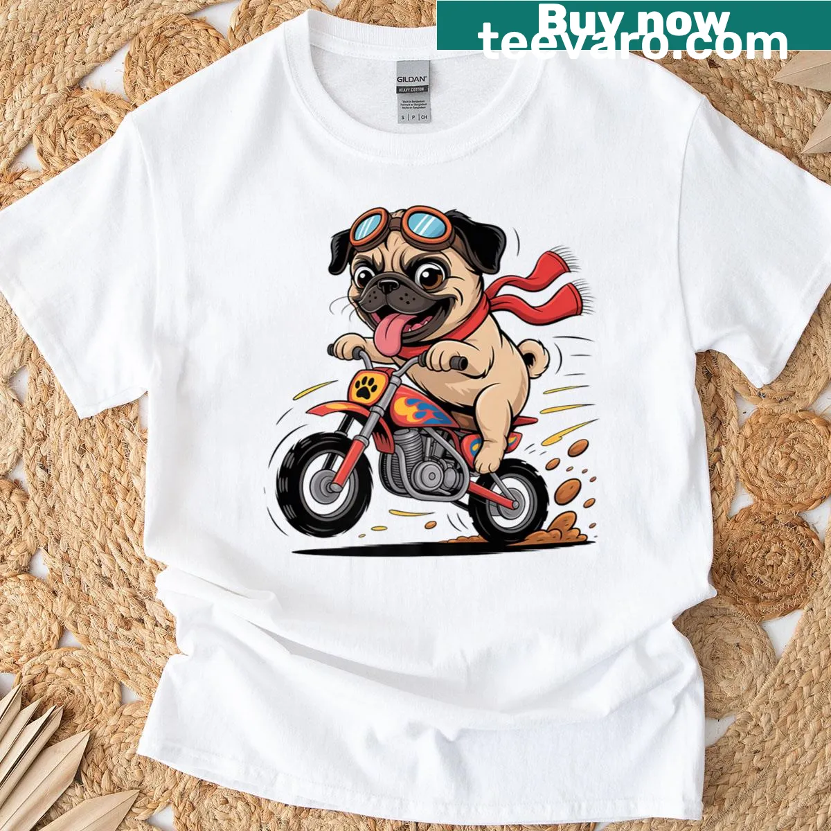 Cartoon design of a pug riding a dirt bike with a fun expression — on a men's t-shirt